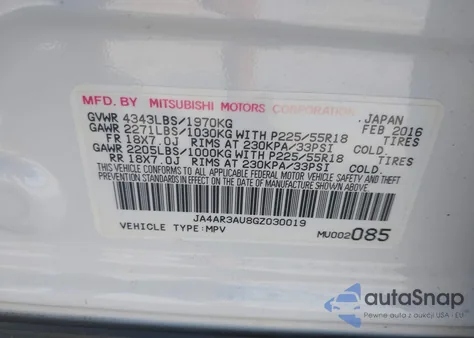 2016 Mitsubishi Outlander Sport 2.0 Es from USA, damaged, VIN JA4AR3AU8GZ030019